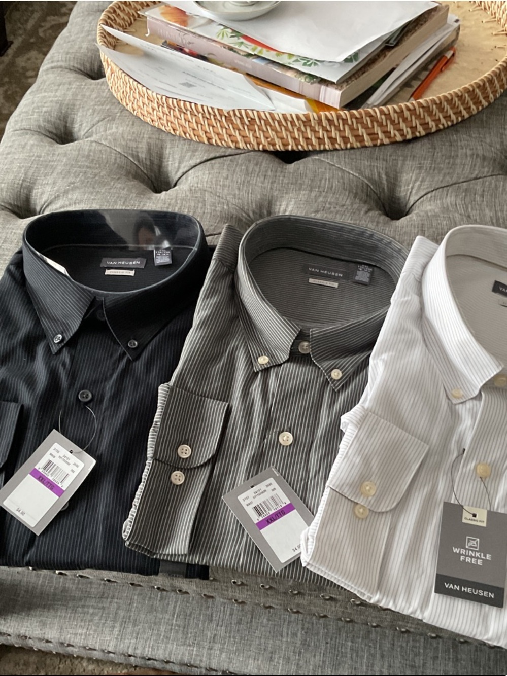 Van Heusen Men's Pinstripe Button-Down Shirts in Black, Gray, White